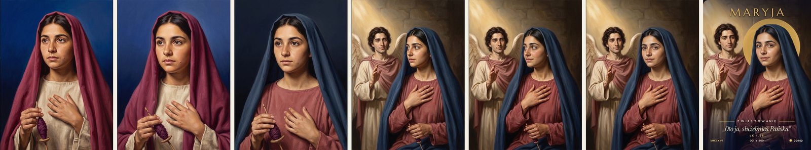 Kolejne wersje ilustracji Maryi, od portretu w czerwonym welonie do sceny Zwiastowania z archaniołem Gabrielem, i gotowa karta